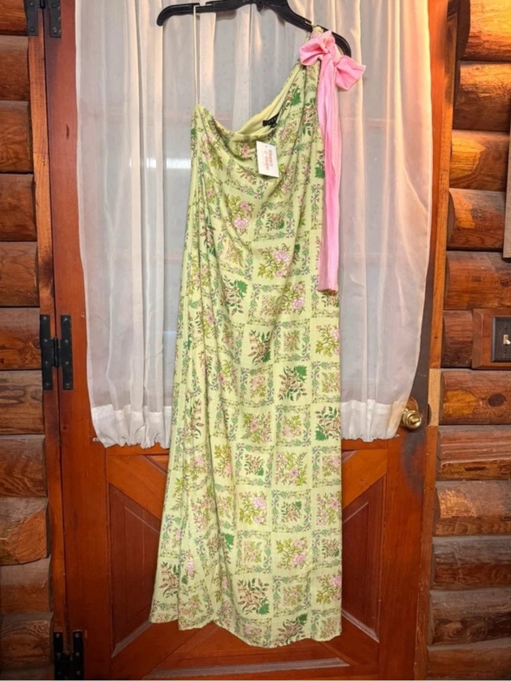 Women’s Light Green Floral Maxi Dress with Pink Bow